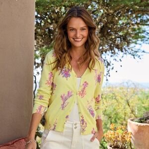 Sundance Floral Cardigan Sweater L Pastel Yellow Whimsy English Countryside